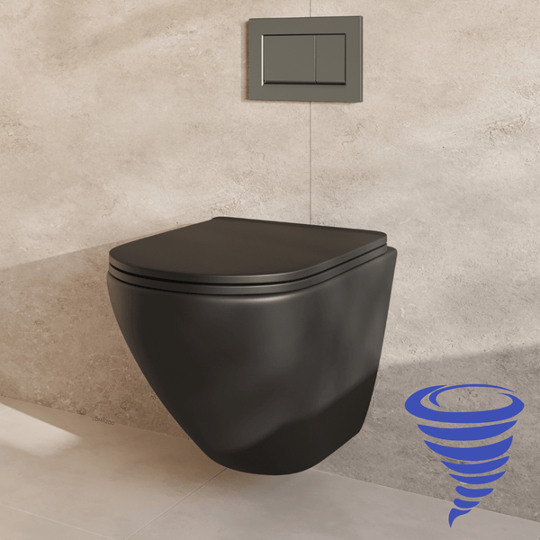 Wandhängendes Tiefspül-WC in mattem Design mit Betätigungsplatte vor einer Fliesenwand.