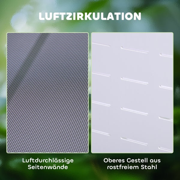 Detailansicht der Luftzirkulation mit luftdurchlässigen Seitenwänden und einem oberen Gestell aus rostfreiem Stahl mit Lüftungsschlitzen.
