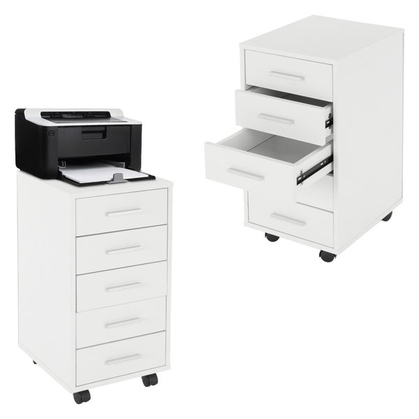ML-Design 2er Set Rollcontainer mit 5 Schubladen, 33x38x63,5 cm, Weiß, Holz, Alu-Griffe, Mobiler Aktenschrank, Büroschrank mit Rädern, Bürocontainer Schubladenschrank Rollschrank Rollwagen Kommode