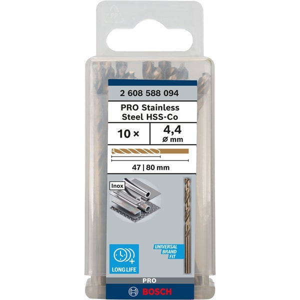 Bosch Pro Edelstahl Stahlbohrer HSS-Co Set, 10 Stück, Durchmesser 4,4 mm
