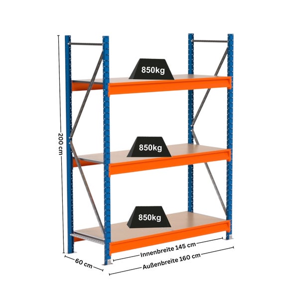Belastbares Lagerregal mit drei Ebenen und Maßangaben