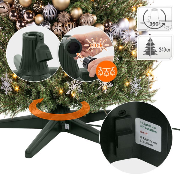 Elektrischer Weihnachtsbaumständer mit Rotationsfunktion für Bäume bis 240 Zentimeter Höhe und integrierter Stromzufuhr für Lichterketten.