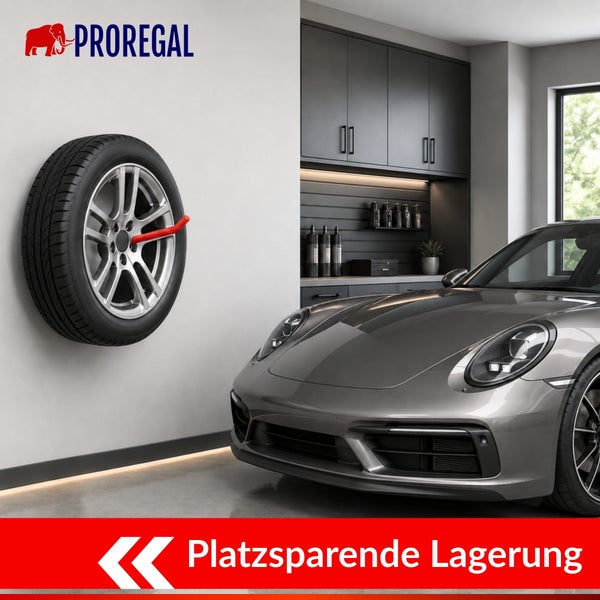 Proregal Wandhalterung fuer Autoreifen in einer modernen Garage mit einem Sportwagen zur platzsparenden Lagerung von Reifen