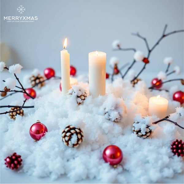 Dekoration mit Kerzen, Tannenzapfen und Weihnachtskugeln