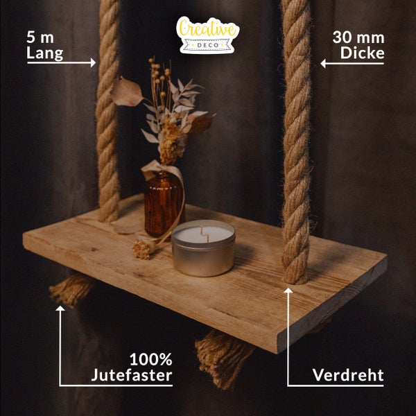 Hängendes Holzregal an dicken Juteseilen mit Creative Deco Logo. Produktdetails: 5 Meter lang, 30 Millimeter dick, 100 Prozent Jutefaser, verdreht.