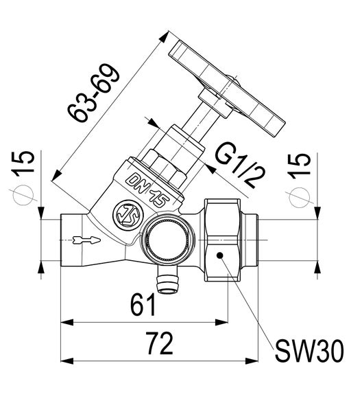 Technische Zeichnung eines Schrägsitzventils mit Nennweite 15, Maßangaben, Gewindegröße G 1/2 Zoll und Schlüsselweite 30.