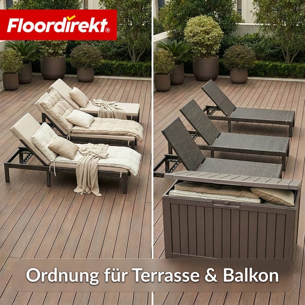 Terrasse und Balkon Ordnung mit Sonnenliegen und Aufbewahrungsbox