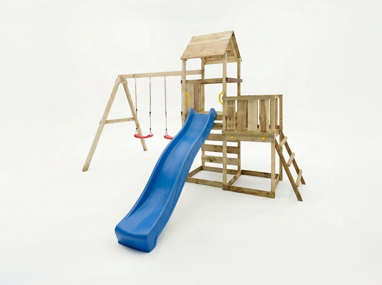Spielturm aus Holz mit blauer Rutsche, zwei roten Schaukeln und Kletterleiter für den Garten.