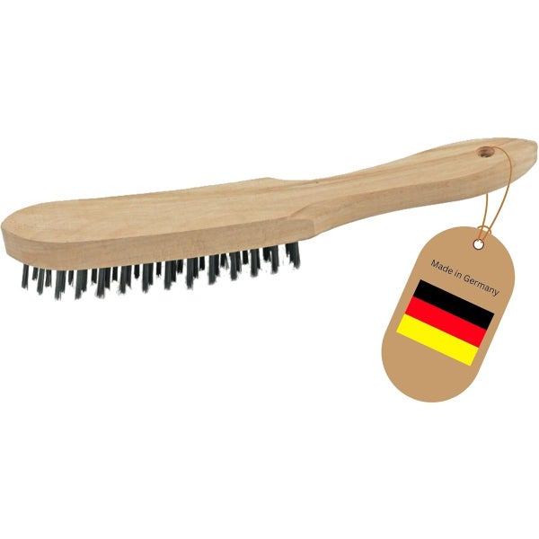 Drahtbürste mit Holzgriff und Stahldrahtborsten, hergestellt in Deutschland.