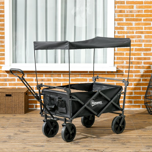 Outsunny Bollerwagen Faltbar, Transportwagen mit Sonnendach, Handwagen mit Griff, Gartenwagen mit Tragetasche, bis 100 kg Belastbar, Oxford, Schwarz