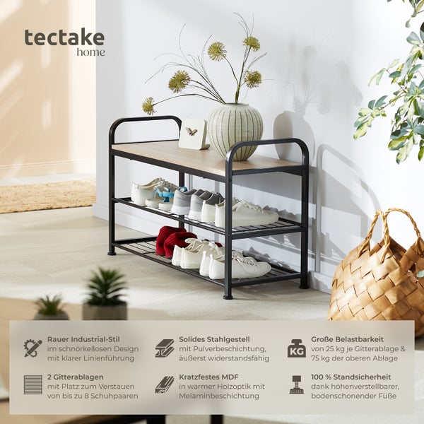 Schuhregal mit drei Ebenen, Stahlgestell und Holzplatte im Industriedesign
