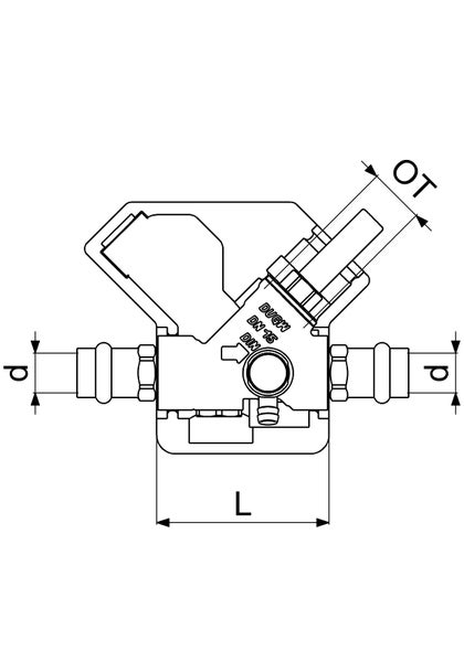Technische Zeichnung einer Armatur mit Maßangaben für Durchmesser, Länge und Oberteil.