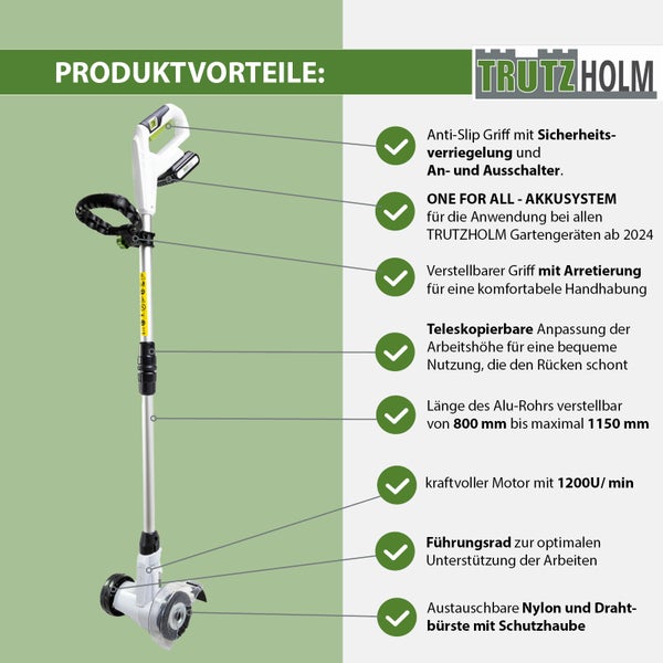 Trutzholm Akku Fugenreiniger mit Produktvorteilen wie Teleskopstiel, Führungshilfe und austauschbaren Bürsten für die Unkrautentfernung.