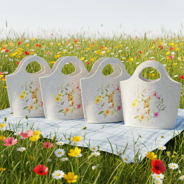 Vier Filztaschen mit Osterhasen-Motiv und Blumenkranz auf einer Picknickdecke in einer blühenden Blumenwiese.