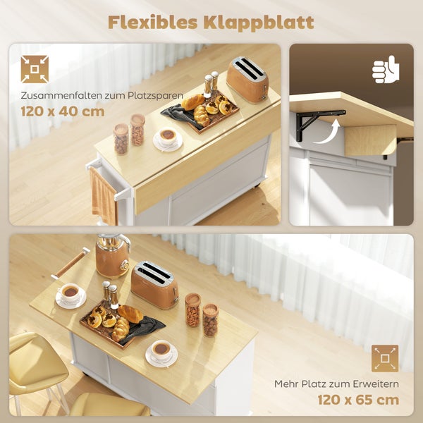 Weiße Kücheninsel mit klappbarer Holzplatte, 120 mal 40 Zentimeter zusammengeklappt und 120 mal 65 Zentimeter erweitert, platzsparende Klappfunktion.