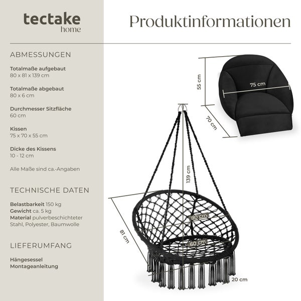 Hängesessel tectake Samira 80 x 81 x 139 cm mit dickem Sitzkissen schwarz