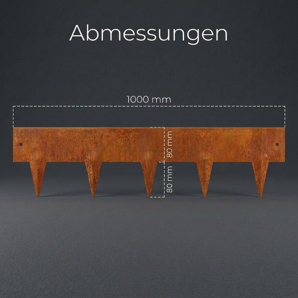 Maßskizze einer Rasenkante aus Edelrost mit einer Länge von 1000 Millimeter und einer Höhe von 160 Millimeter inklusive Erdspießen.
