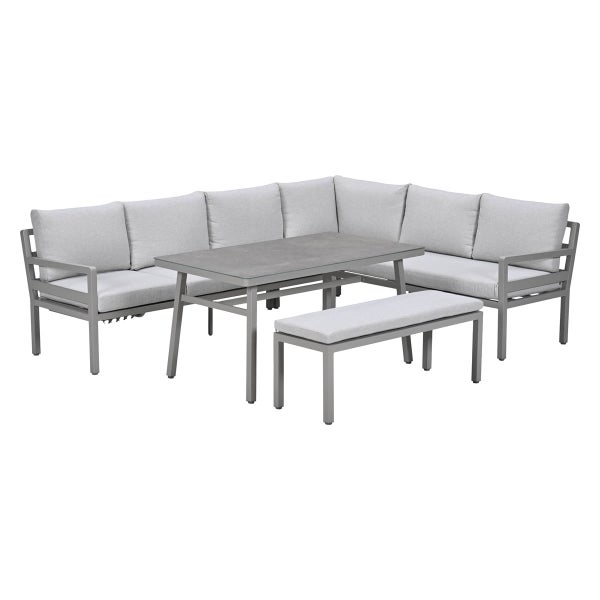 Gartenmöbel-Set bestehend aus Ecksofa, rechteckigem Tisch und Sitzbank, Gestell aus Metall mit grauen Polstern.