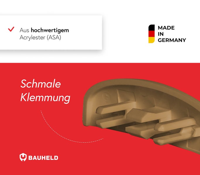 Schmale Klemmung aus hochwertigem Acrylester ASA mit Made in Germany Siegel