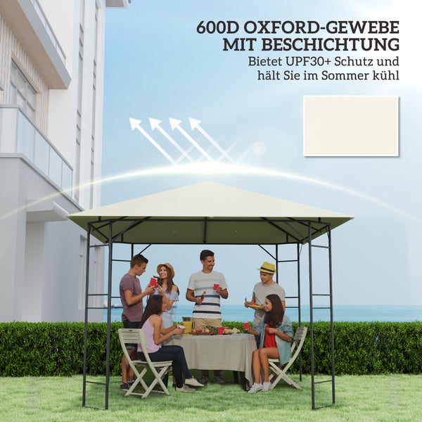 Gartenpavillon mit 600 Denier Oxford Gewebe und Sonnenschutzfaktor 30 plus, Gruppe von Personen sitzt an einem Tisch im Garten unter dem Pavillon.