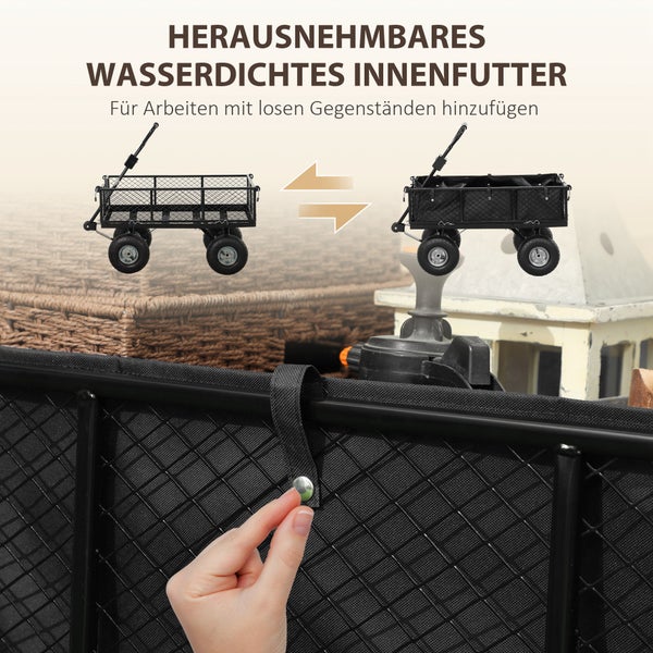 Outsunny Gartenwagen 300 kg belastbar Transportwagen mit Luftreifen, herausnehmbare Plane Griff Rädern Lenkachse Bollerwagen Handwagen Gartenkarre 114 L Gerätewagen für Haus Garten Schwarz