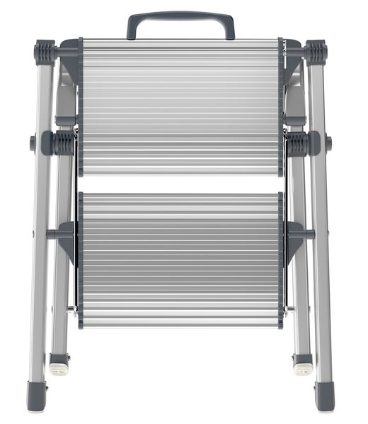 Zweistufige, zusammenklappbare Aluminium-Trittleiter mit Griff.
