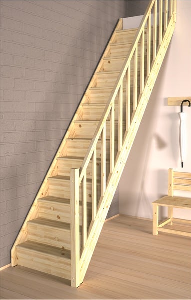 Geschlossene gerade Treppe von HandyStairs Vega60 - Kiefernholz - 60 cm breit - Mit Handlauf