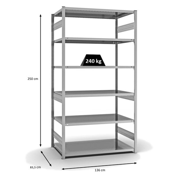PROREGAL Fachbodenregal Stecksystem T-Profil Medium-Duty Grundregal HxBxT 250 x 130 x 80 cm 6 Ebenen Fachlast 240 kg Beidseitig Nutzbar Verzinkt