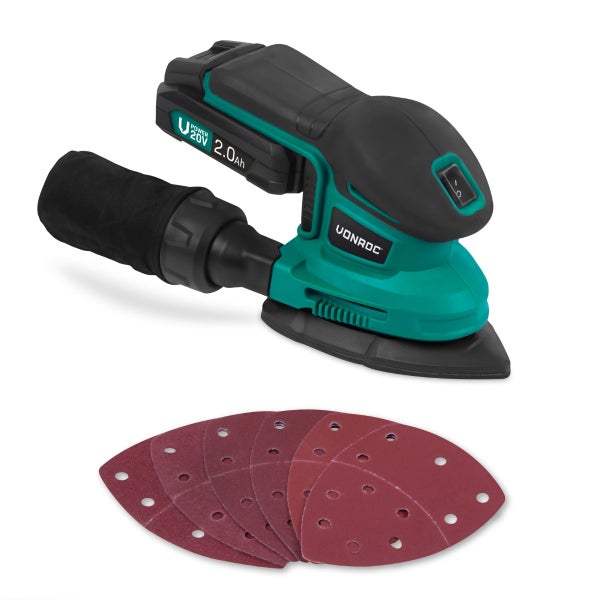 VONROC Deltaschleifer Akku, Dreieckschleifer, Multischleifer - Schleifgerät, Handschleifer mit Staubbehälter 20V inkl. 2Ah Akku & Ladegerät - Für Holz, Kunststoff, Metall - inkl. 6 Schleifpapier