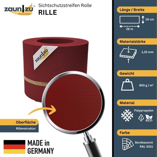 Zaun zu Sichtschutzstreifen Rolle Rille aus Polypropylen, 26 Meter lang und 19 Zentimeter breit