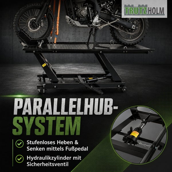 Motorrad-Hebebühne mit Parallelhub-System, Fußpedal für stufenloses Heben und Senken sowie Hydraulikzylinder mit Sicherheitsventil. Trutzholm Logo.