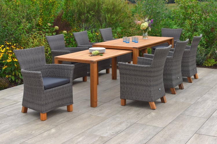 Toskana Gartenmöbelset 9tlg., Gartensessel inkl. Auflagen, Flexibler Ausziehtisch, grau