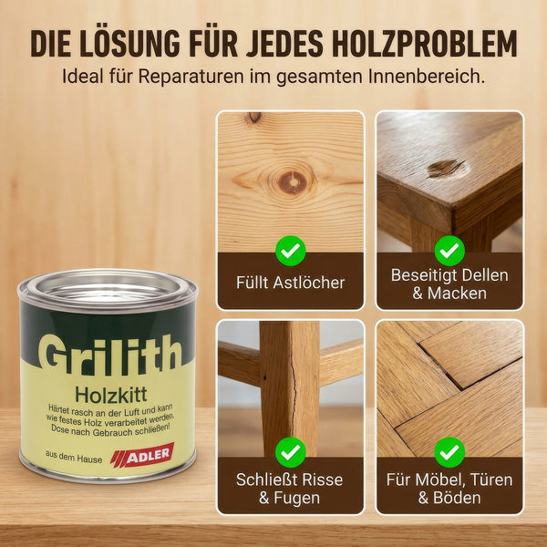 Adler Grilith Holzkitt für Innenreparaturen. Zeigt Füllen von Astlöchern, Dellen, Rissen und Fugen an Möbeln, Türen und Böden. Adler Logo.