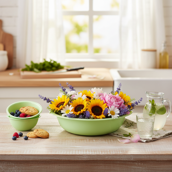 Hellgrünes Schüssel-Set aus Kunststoff in einer hellen Küche, gefüllt mit Blumen, Keksen und Beeren neben einem Wasserkrug.
