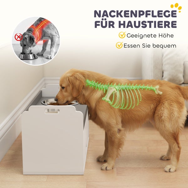 Weiße Hundebar mit erhöhtem Futternapf zur Nackenpflege und Darstellung der gesunden Wirbelsäulenhaltung beim Fressen.
