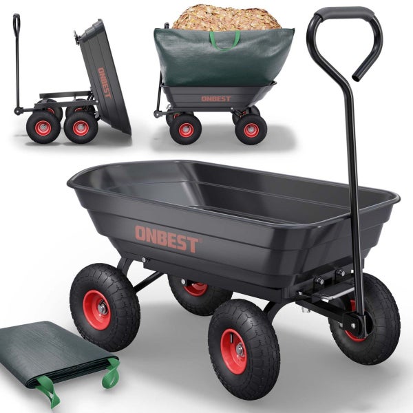 Schwarzer ONBEST Gartenwagen mit Kippfunktion, vier Rädern mit roten Felgen und grünem Gartenabfallsack.