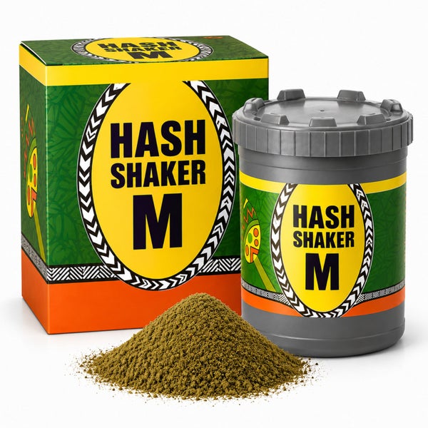 Hash Shaker M Set bestehend aus Extraktionsbehälter, Umkarton und Pflanzenextrakt.