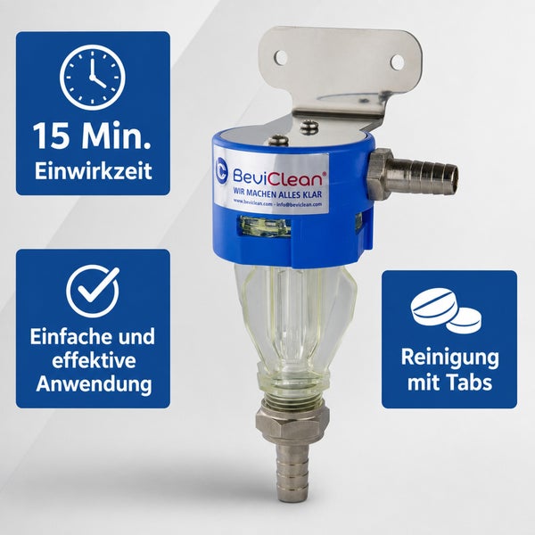 BeviClean Reinigungsgerät für Schankanlagen mit Wandhalterung, Reinigungszeit 15 Minuten, einfache Anwendung mit Reinigungstabs.