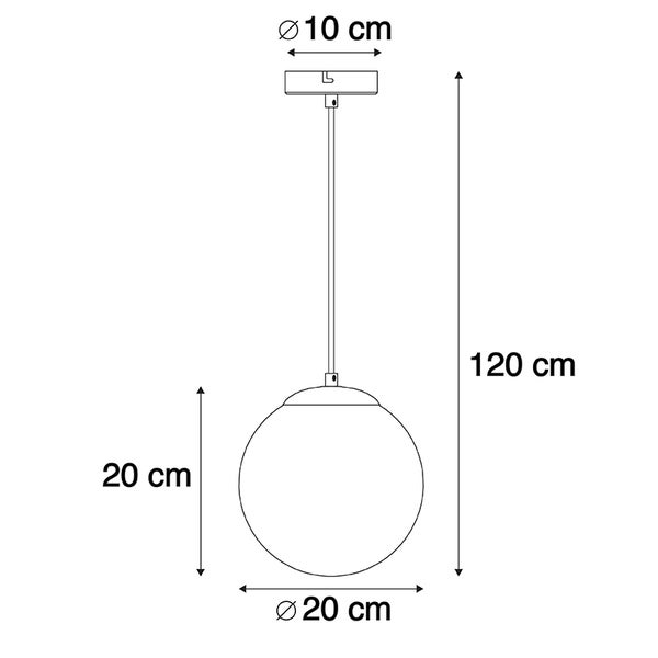 Technische Zeichnung einer Pendelleuchte mit den Maßen: Durchmesser Lampenschirm 20 cm, Durchmesser Deckenhalterung 10 cm, Höhe 120 cm.
