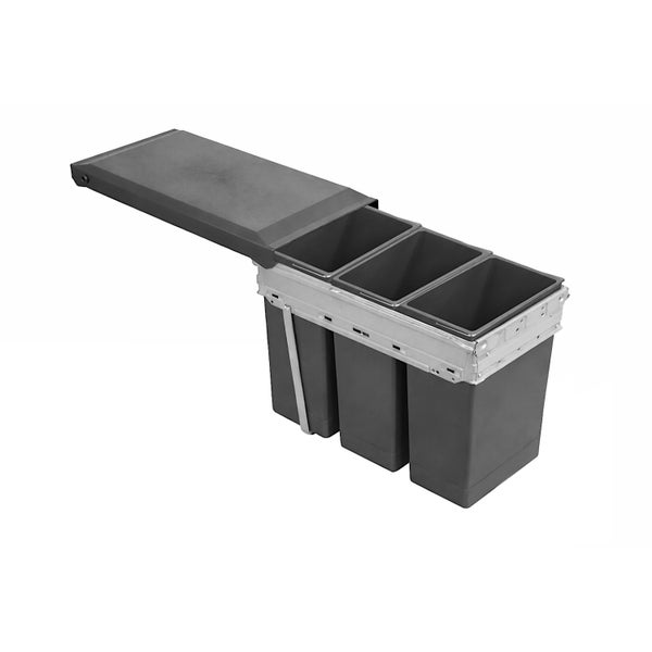 Ausziehbarer Abfallsammler mit drei Kunststoffbehältern und Metalldeckel für die Mülltrennung im Küchenschrank.