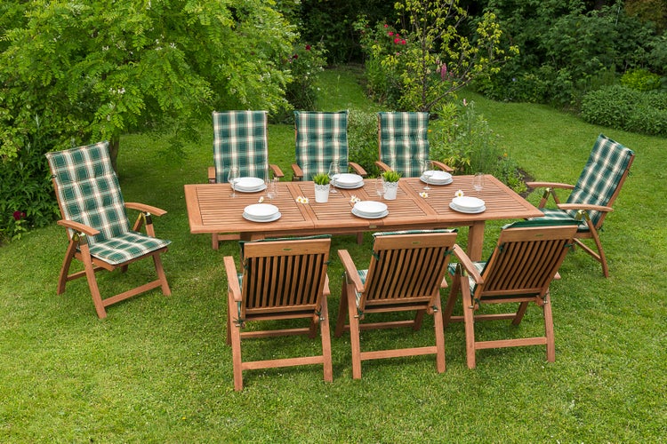 Comodoro Gartenmöbelset 17tlg., 8 Klappsessel, 8 Wendekissen grün, 1 Doppelausziehtisch 180 (220/260) x 100 cm