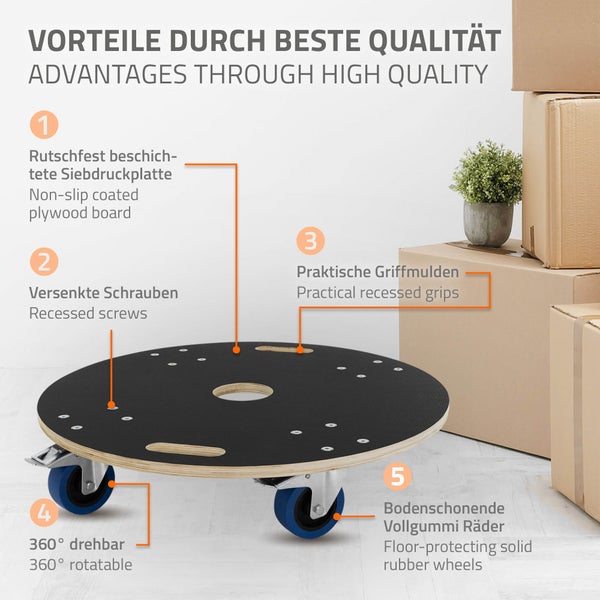 ECD Germany Transportroller rund Ø67x14,5 cm mit Siebdruckplatte und 2 gebremsten Rollen, 800kg Tragkraft, Rollbrett Möbelroller, Transporthilfe für Umzug Möbel-Transport, Rollwagen Roller Transporter