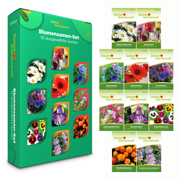 Deine Gartenwelt Blumensamen-Set mit 10 ausgewählten Blumensorten in einer grünen Box und zehn einzelnen Samentüten.