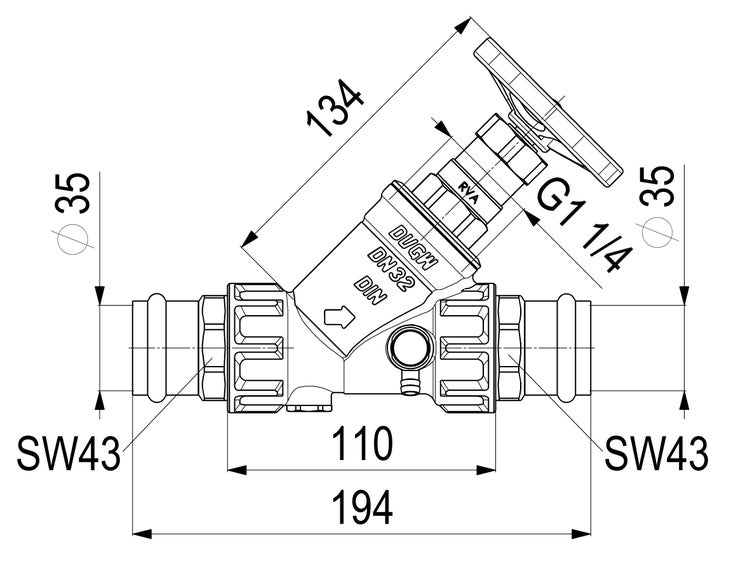 Technische Zeichnung eines Schrägsitzventils Nennweite 32 mit Abmessungen in Millimetern wie 194 Millimeter Gesamtlänge.