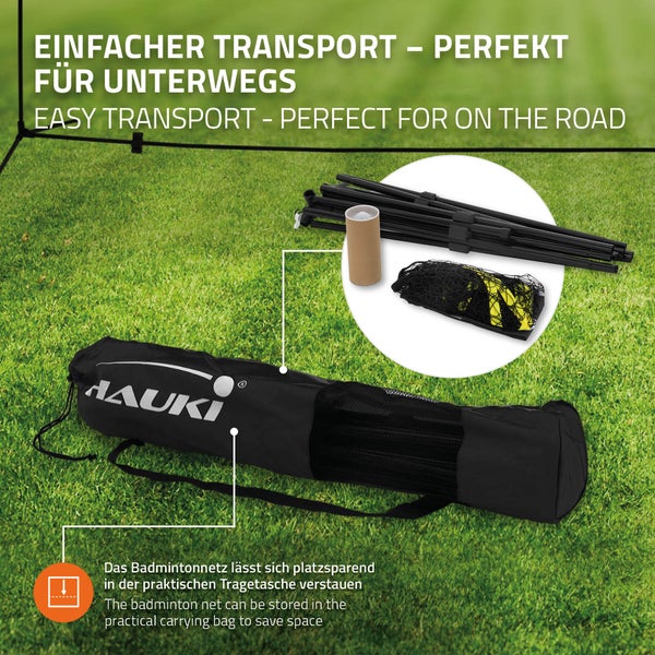 Hauki Badminton Netz, Tennisnetz 500cm, Schwarz, Höhe: 156cm, Federballnetz Set inkl. 3x Federball, Transporttasche, stabilem Eisen-Gestell, Tragbares Volleyballnetz, Trainingsnetz Indoor & Outdoor