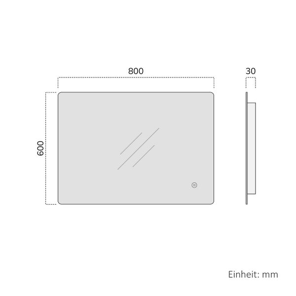 Maßzeichnung eines rechteckigen Badezimmerspiegels mit abgerundeten Ecken, Breite 800 Millimeter, Höhe 600 Millimeter, Tiefe 30 Millimeter.