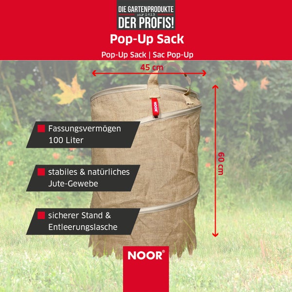 Pop-Up Sack aus Jute mit 100 Liter Fassungsvermögen und einer Höhe von 60 cm