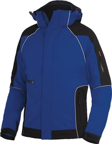 Blaue und schwarze Softshell-Arbeitsjacke mit Kapuze, Reißverschlusstaschen und reflektierenden Paspeln.