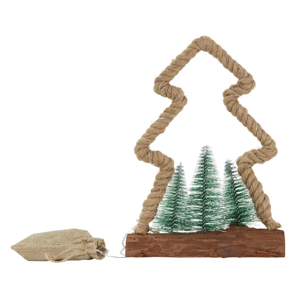 ECD Germany LED Jute Baum mit LED-Beleuchtung 23x6,5x30 cm, Deko Weihnachtsbaum aus Seil mit 30 warmweißen LEDs, 3 Tannen, Jutesäckchen, batteriebetrieben, Timer, Tannenbaum Figur Weihnachtsdeko Innen