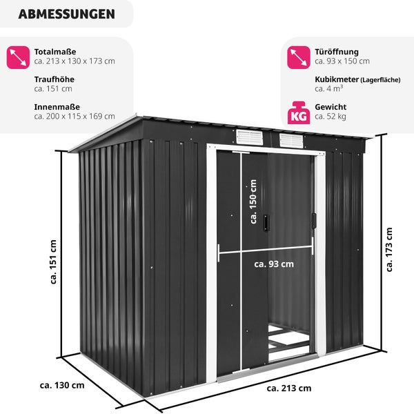 Abmessungen eines Gerätehauses mit Angabe der Aussen-, Innen- und Türöffnungsmasse